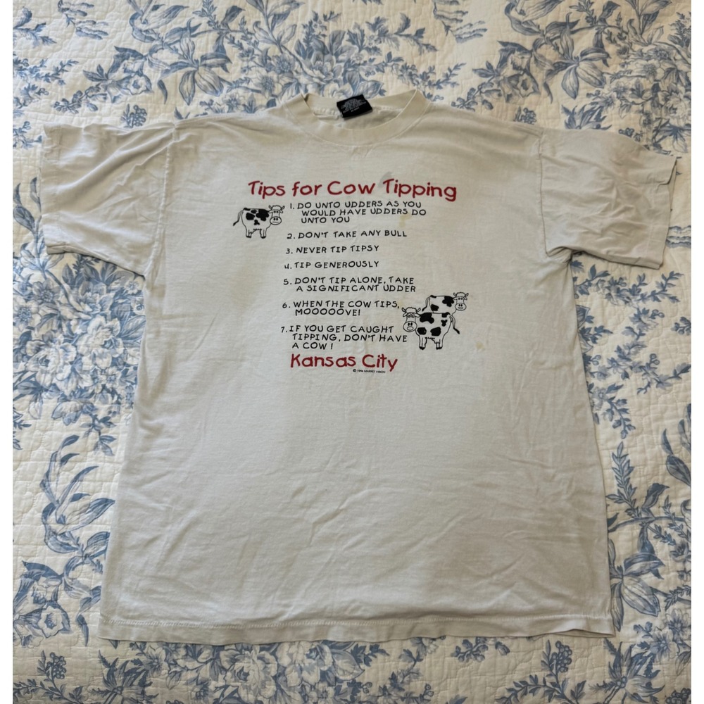 Vintage 1994 Kansas City Cow Tipping T-Shirt Signal Sport Large White 90s Funny